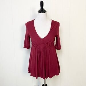 Anthropologie Deletta Casual v-neck Ruched Jersey Knit Pullover Sz S Burgundy